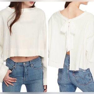 Free People Walking in Hueco Textured Ivory Split Back Boho Top- Size Large